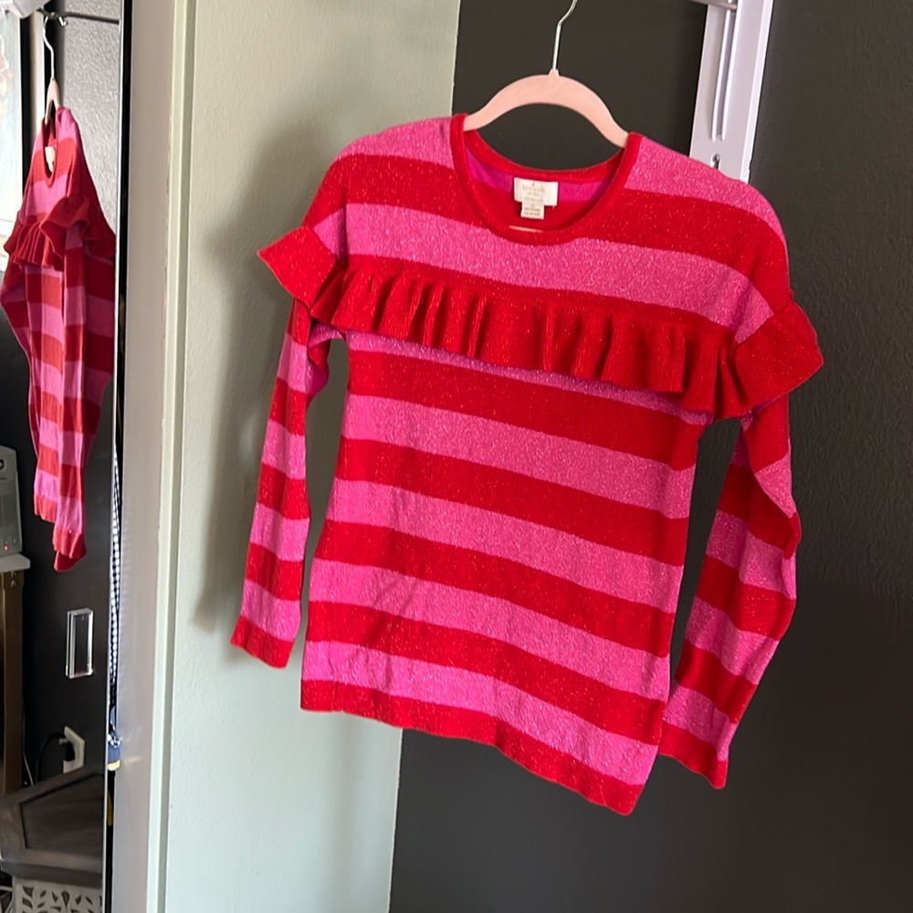 Kate Spade, girls 12, sweater, pink & red stripes with red metallic ruffle